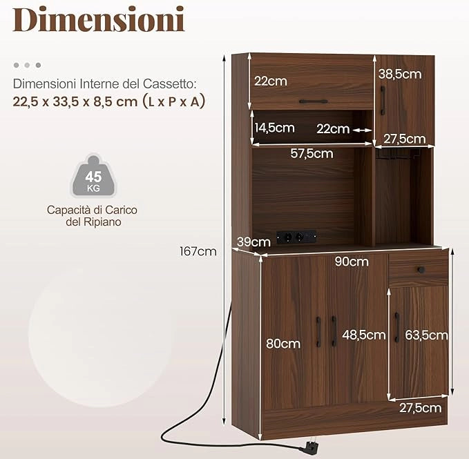 Credenza Alta da Cucina con 5 Ante e Cassetto, Armadio Dispensa da Cucina con Presa Elettrica, Mobile Cucina con Ripiani Regolabili per Sala da Pranzo e Soggiorno, 90 x 39 x 167 cm, Naturale