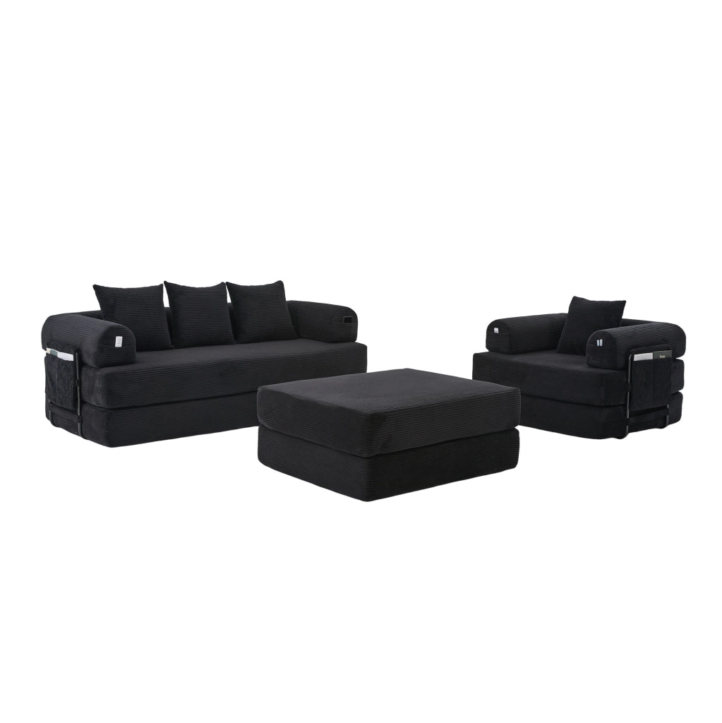 Divano modulare 4 posti ULEVR 200x190x67 cm con pouf, tasca laterale e 3 cuscini, velluto a coste nero