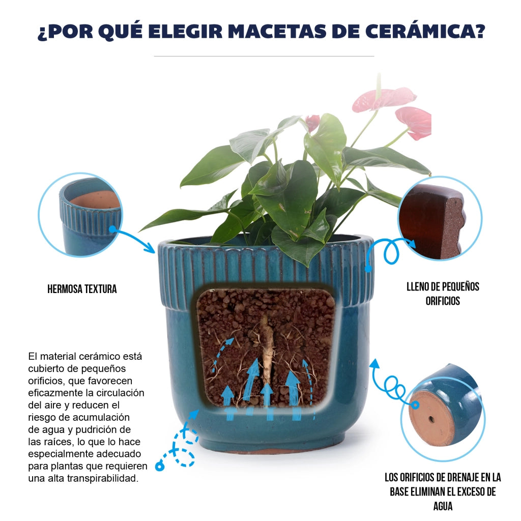 Fioriera a più livelli in ceramica artigianale smaltata turchese lucido con scanalature verticali Ø 23 cm