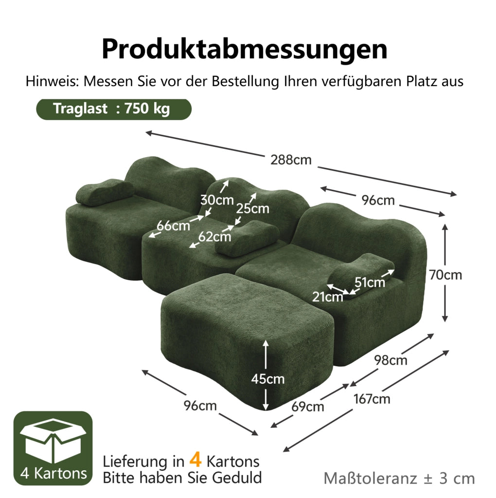 Divano angolare modulare 3 posti con pouf 288x167x70 cm in velluto verde