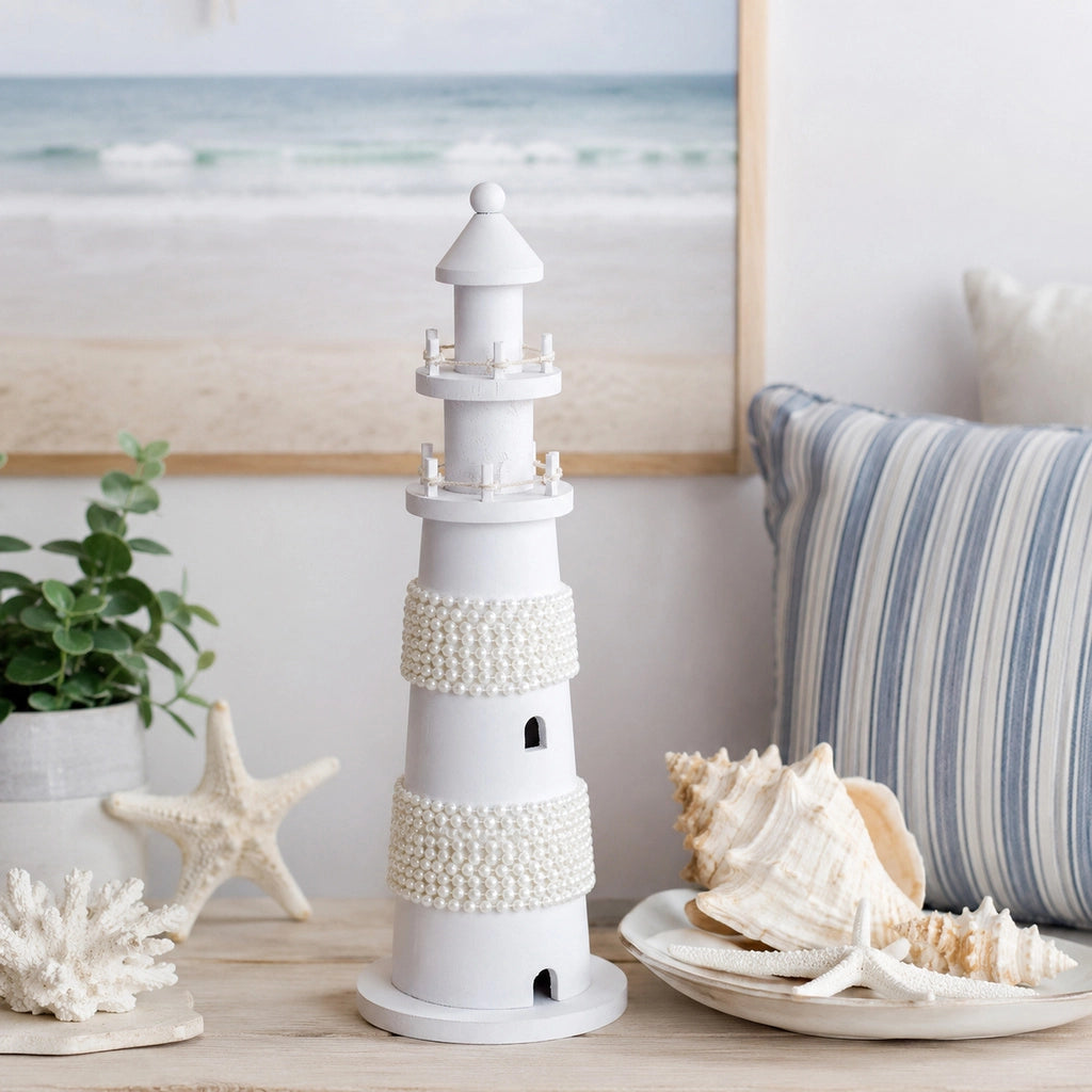 Figura di decorazione faro in legno bianca 14x14x40 cm