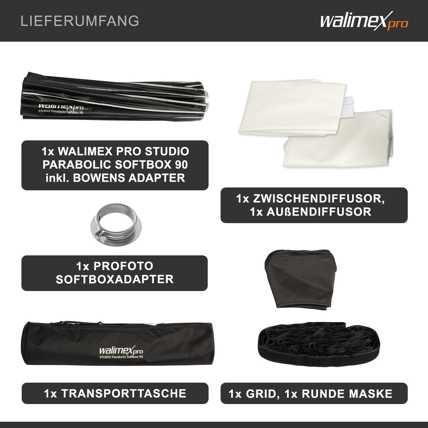 Studio Parabolic Softbox 90cm + adattatore softbox per Profoto (diametro esterno: 15,2 cm), ruotabile a 360°, inclusa griglia, maschera, adattatore Bowens e borsa per il trasporto