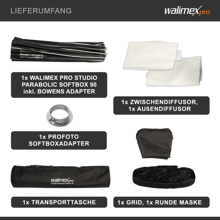 Studio Parabolic Softbox 90cm + adattatore softbox per Profoto (diametro esterno: 15,2 cm), ruotabile a 360°, inclusa griglia, maschera, adattatore Bowens e borsa per il trasporto