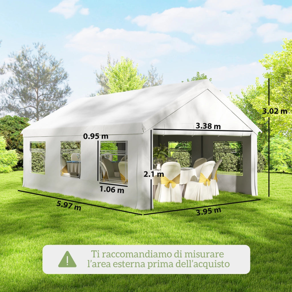 Gazebo da Giardino 4x6 m con Pannelli Laterali, 6 Finestre e Doppio Ingresso, in Acciaio Galvanizzato, Bianco