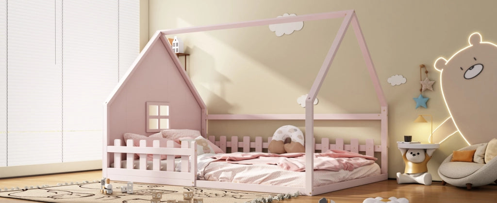 DESMIU Letto per Bambini 140 × 200 cm 2 Posti con Sponda, Letto a Casetta, Senza Materasso, in Pino e MDF, Rosa