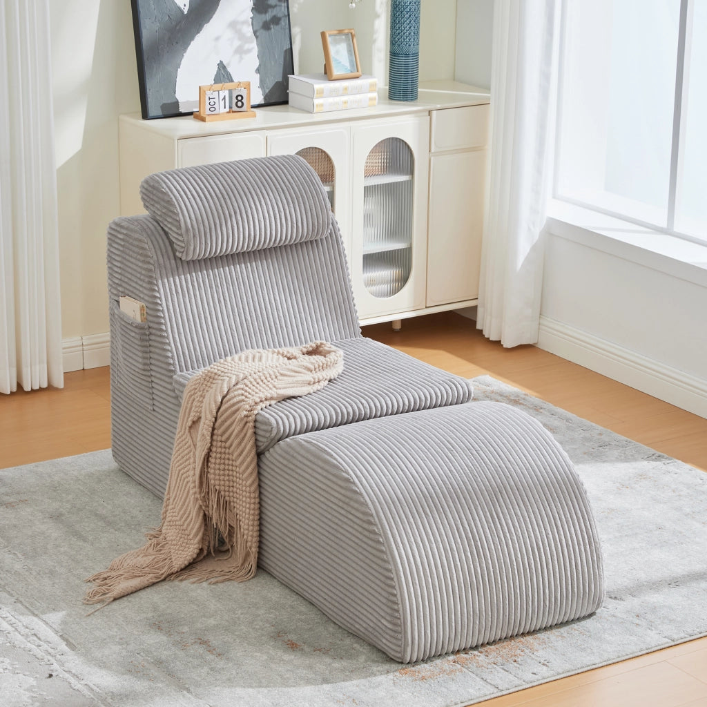 Poltrona ergonomica a compressione rapida con cuscino removibile e tasca laterale in tessuto a coste grigio chiaro