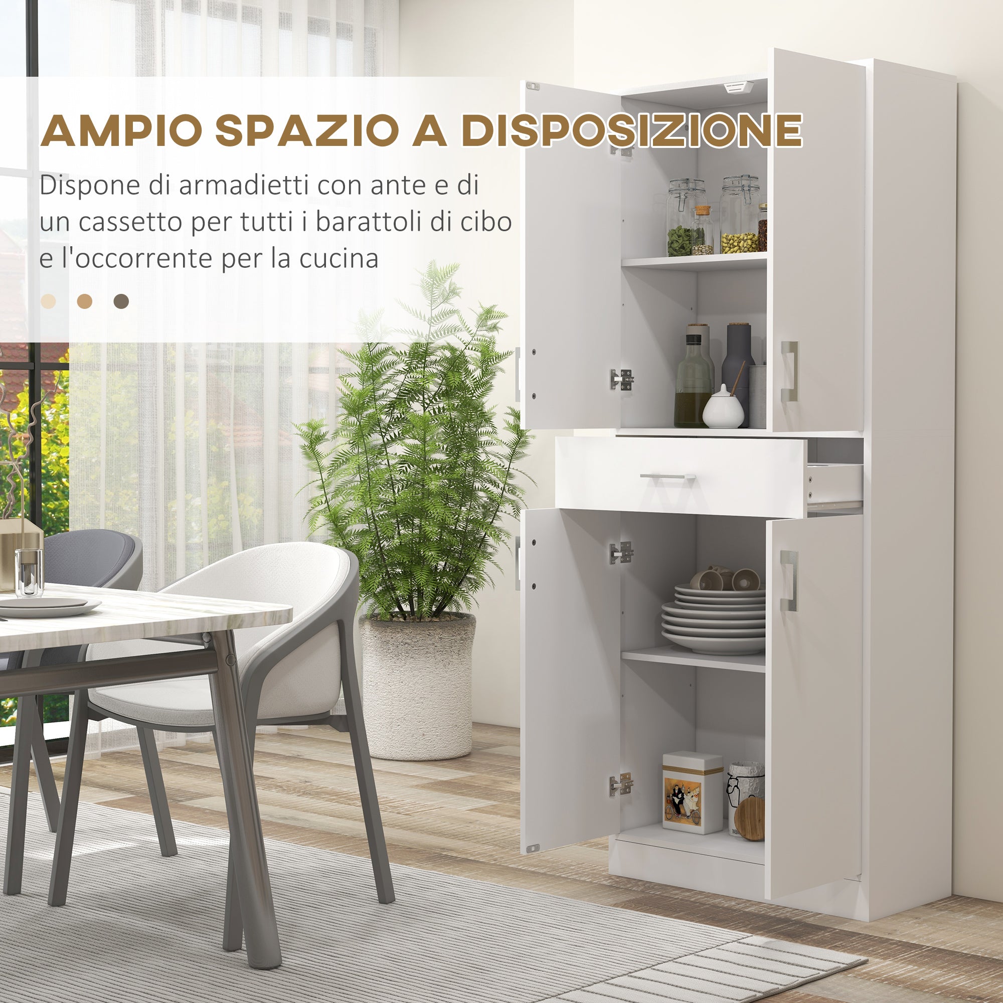 Credenza Cucina Alta con 2 Armadietti e un Cassetto Centrale 70,8x34x180 cm in MDF Bianco
