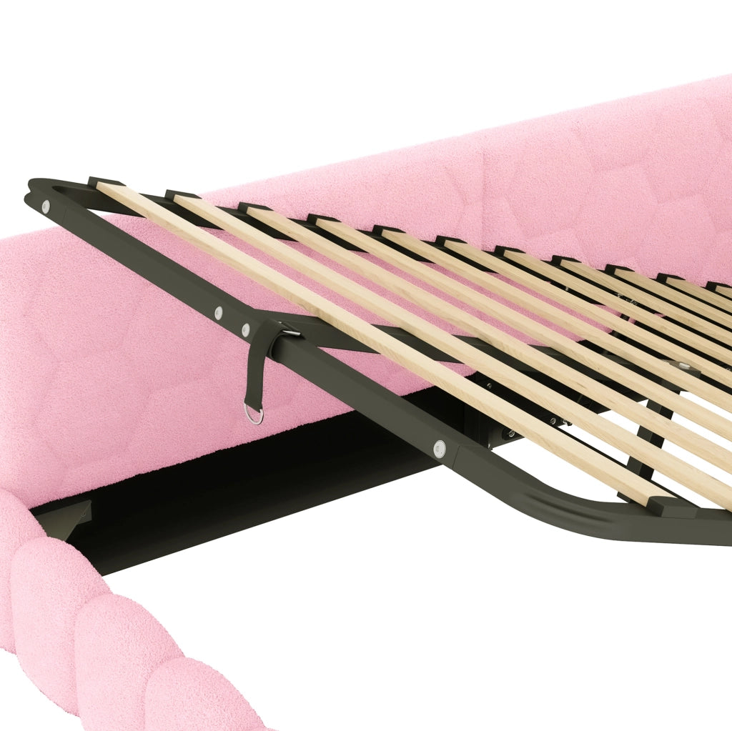 Letto singolo rosa 90x200 cm con contenitore idraulico, LED, USB e Type-C