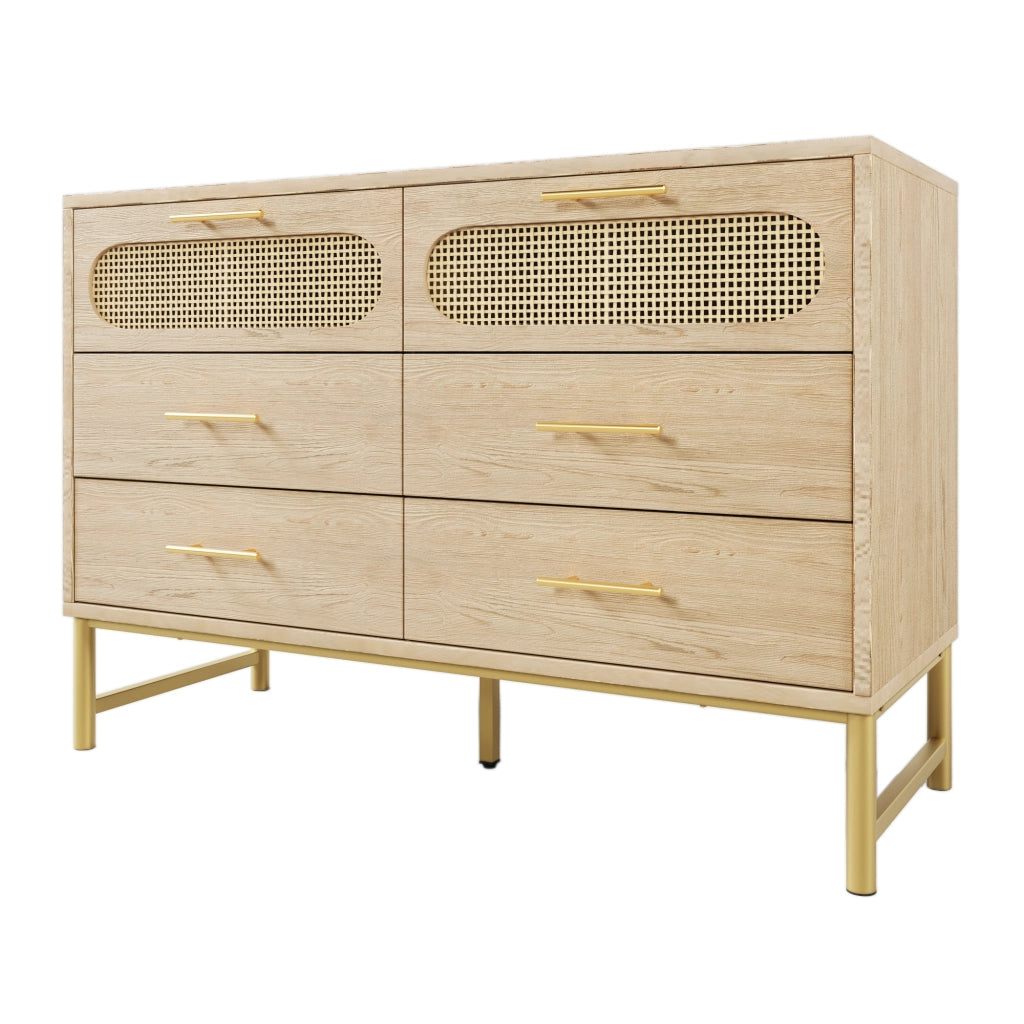 Cassettiera con 6 Cassetti; Frontali Effetto Rattan; Maniglie in Metallo; Piedini Regolabili; Stile Naturale; 120??40??74 cm; Rovere