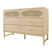 Cassettiera con 6 Cassetti; Frontali Effetto Rattan; Maniglie in Metallo; Piedini Regolabili; Stile Naturale; 120??40??74 cm; Rovere