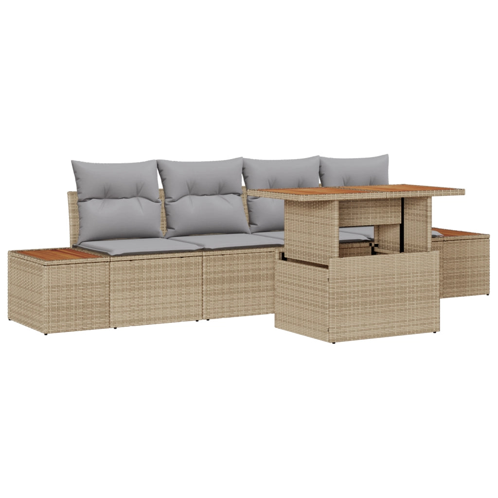 Set Divano da Giardino da 5 Pezzi con Cuscini Beige Polyrattan