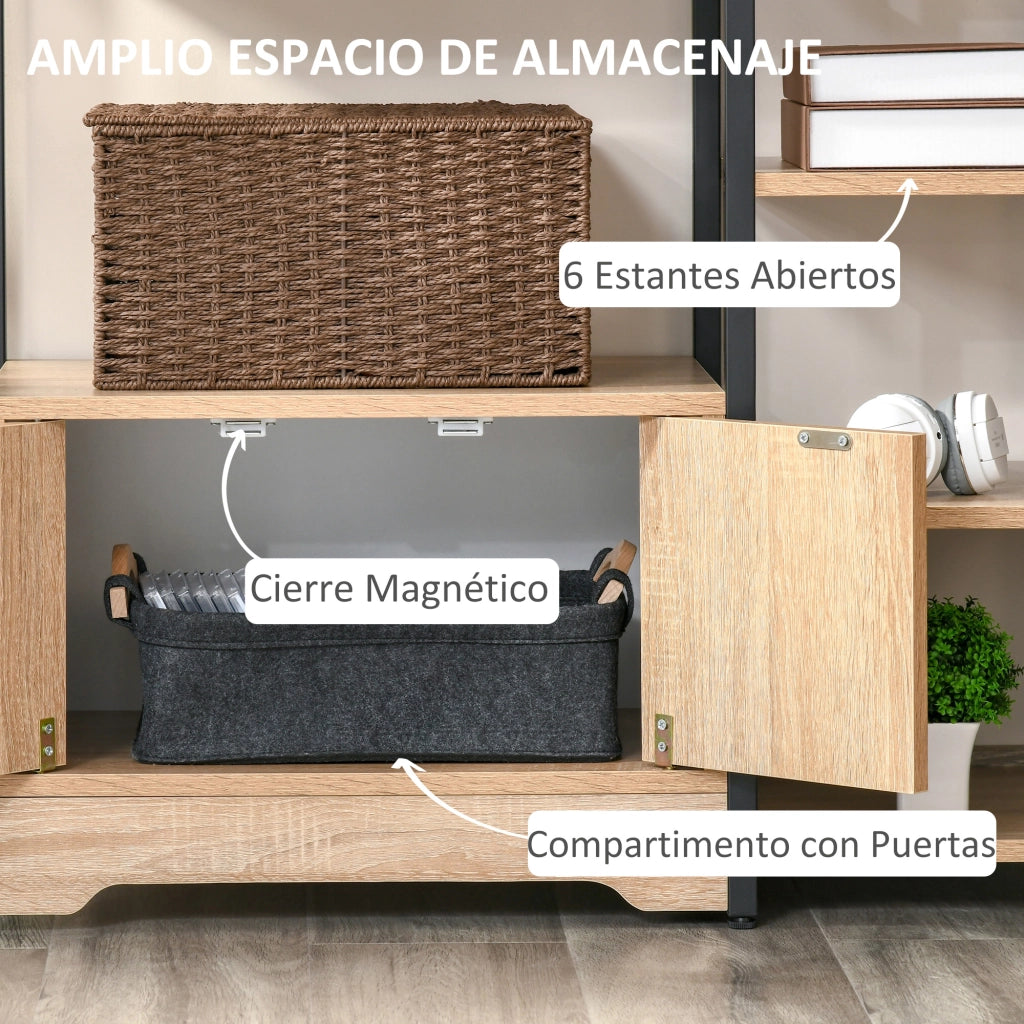Libreria con Ripiani Aperti e Ante ¨C Zephmum ¨C Legno Naturale 80x35x97 cm