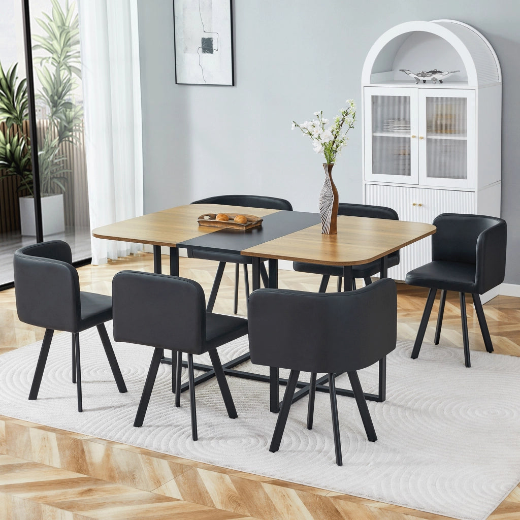 Set da pranzo estensibile con sedie in MDF; metallo e PU; nero e naturale
