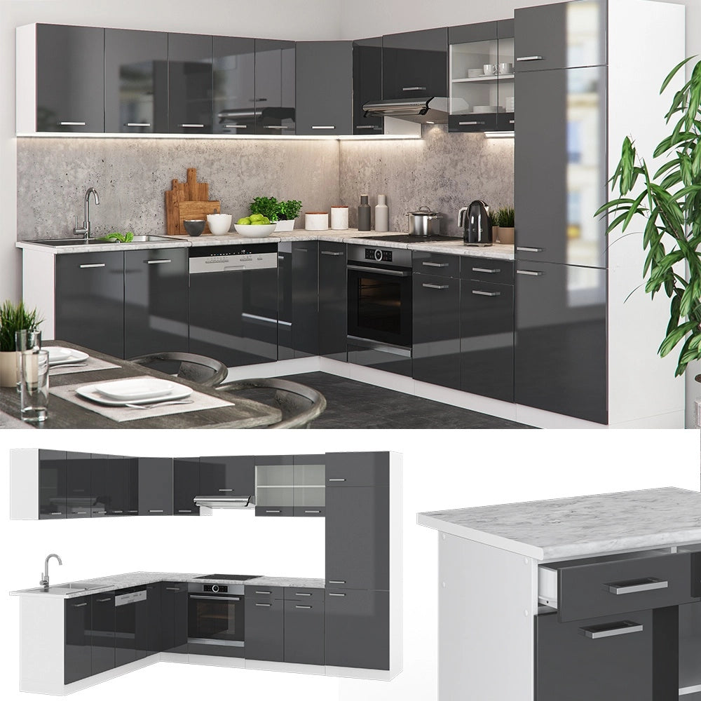 Cucina angolare completa R-Line Antracite lucido/Bianco 287 x 227 cm, PL Marmo Vicco