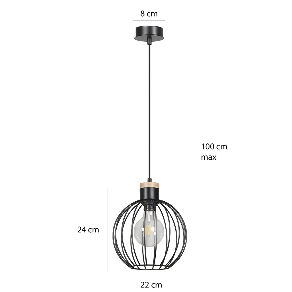 Sospensione 1 Luce Morgana Paralume A Gabbia In Acciaio Nero E Legno Naturale