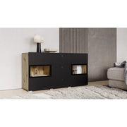 Buffet RAMOS 130 cm – Rovere e nero opaco – 2 porte in vetro e 3 cassetti – Senza LED