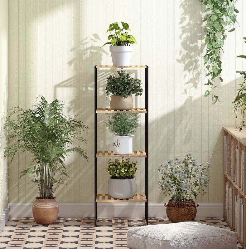 Scaffale da bagno 36，5 x 33 x 110 cm in bambù e acciaio naturale， 4 livelli