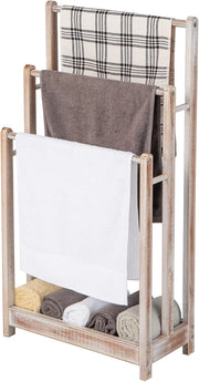 Portasciugamani in Legno da Terra, Porta Asciugamani a 3 Livelli con Mensola Inferiore, Dispositivo Anti-Ribaltamento, Supporto Leggero per Asciugamani da Bagno e Stanza Lavanderia (Bianco)
