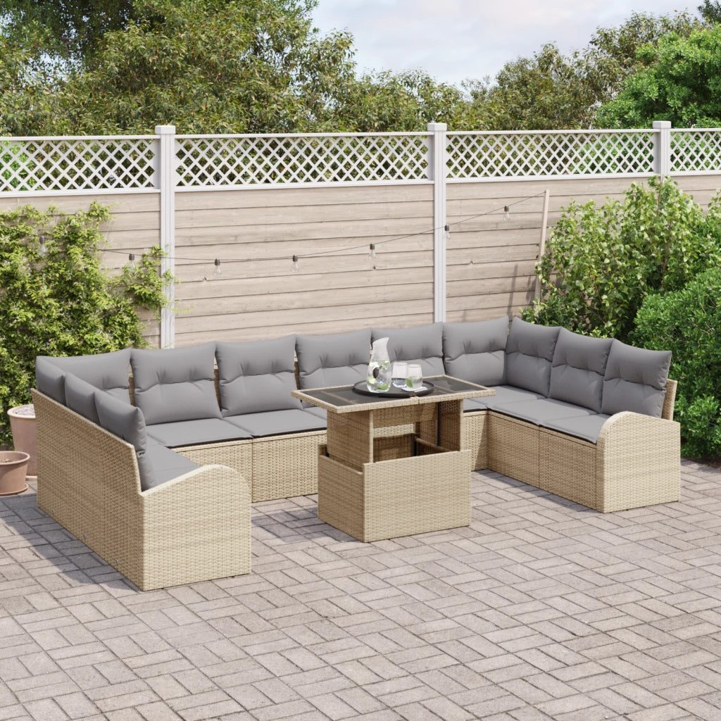 Set Divano da Giardino 11 Pezzi con Cuscini Beige in Polyrattan