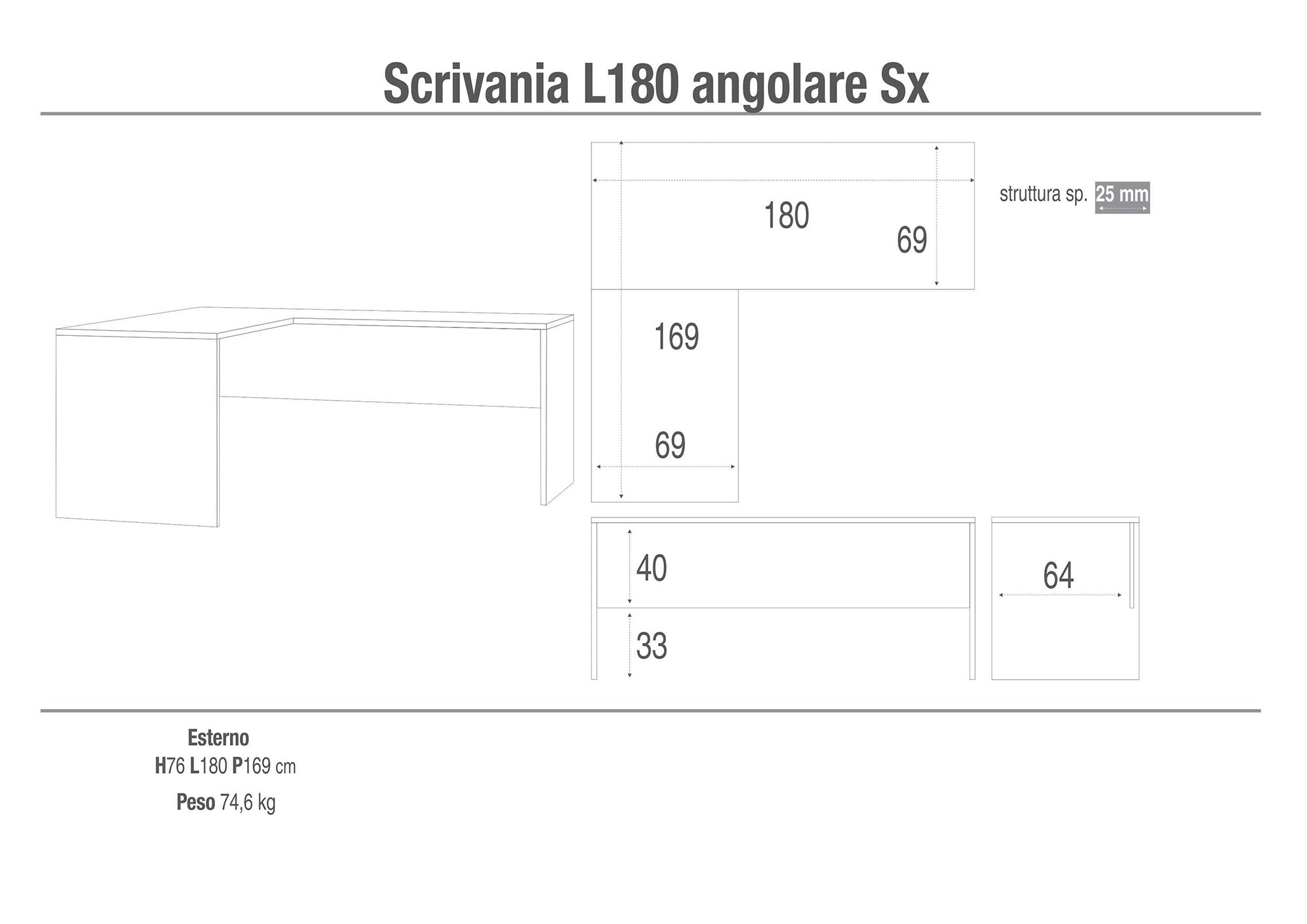 Scrivania Angolare Sx 180x76x169 cm Ossido Bianco