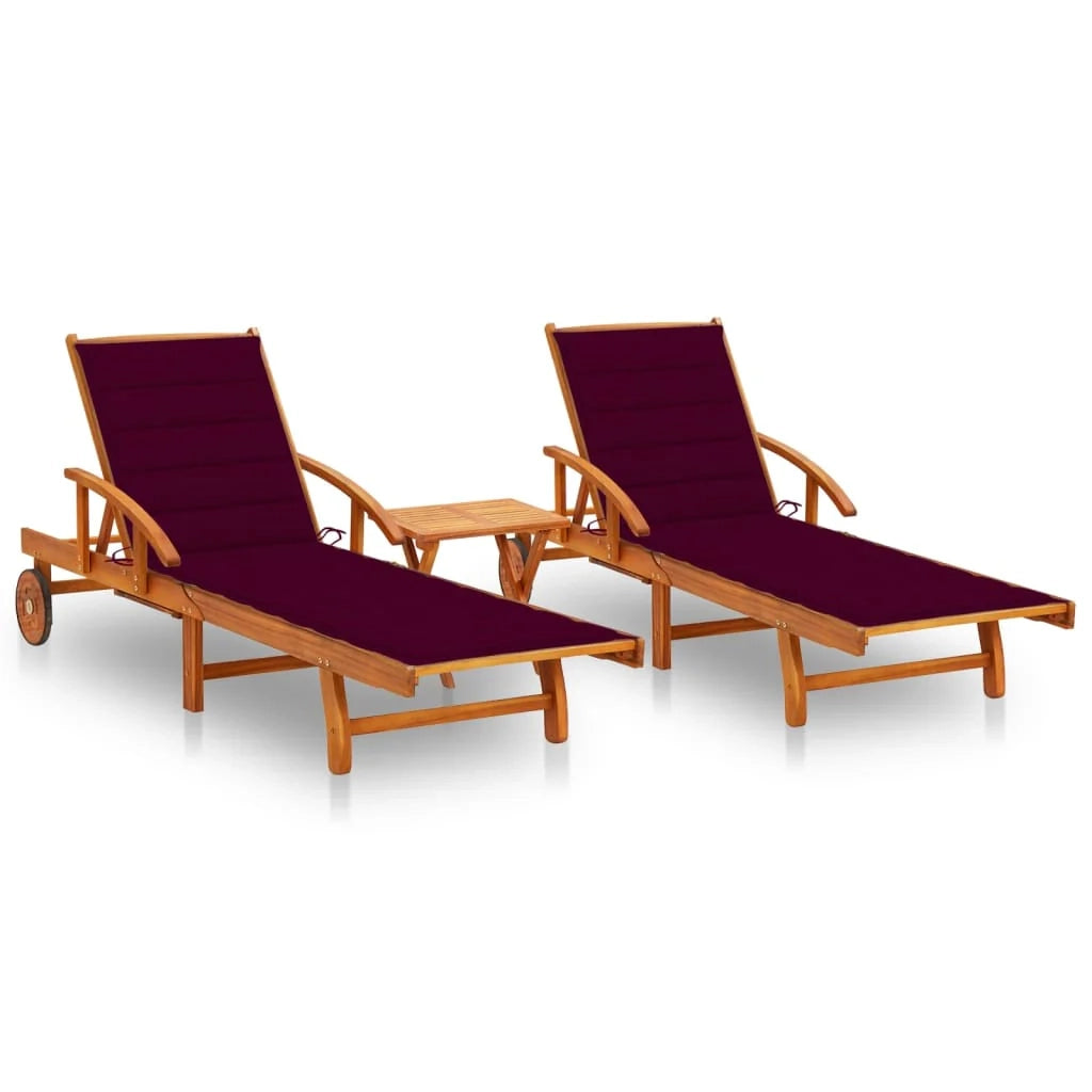Set di 2 lettini prendisole sedie a sdraio lettini prendisole lettini da giardino mobili da giardino con tavolo e cuscini legno massello di acacia 02_0012098