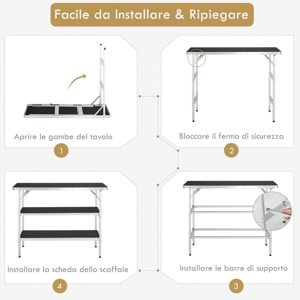 Cucina da Campeggio Pieghevole con Telaio in Alluminio, Mobile da Campeggio con 3 Ripiani e Borsa per Trasporto, Cucina da Esterno per Attività all'Aperto, Picnic e Barbecue (Nero)