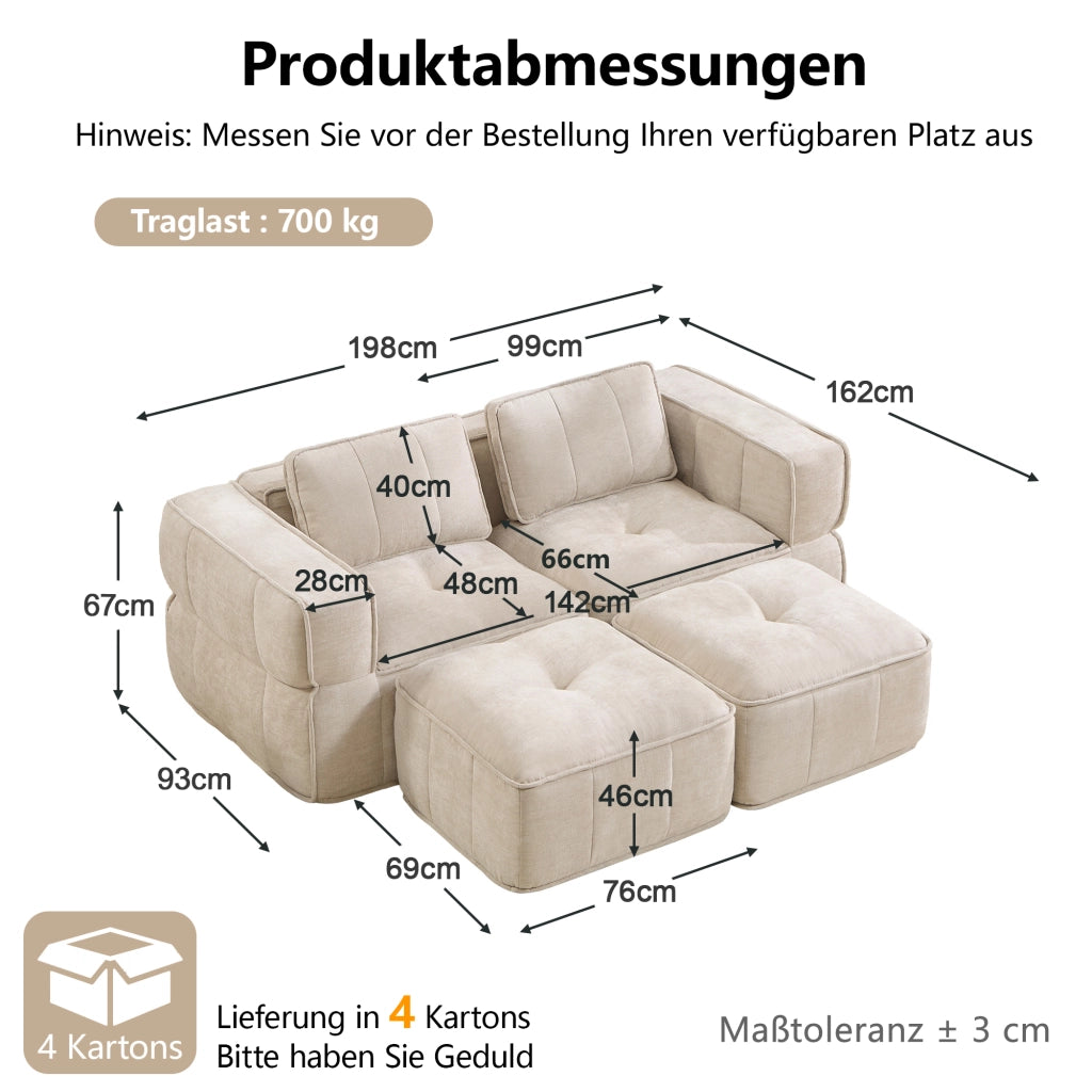 Divano modulare a 2 posti in poliestere con seduta profonda e design senza telaio beige per soggiorno e appartamento