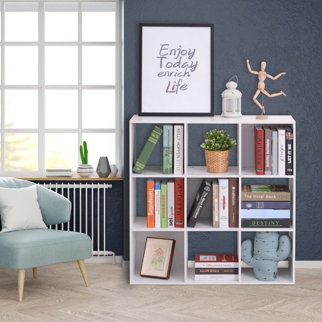Libreria Bianca per Casa e Ufficio, Scaffale dal Design Moderno con 9 Scomparti in Legno, 91x29.5x91cm
