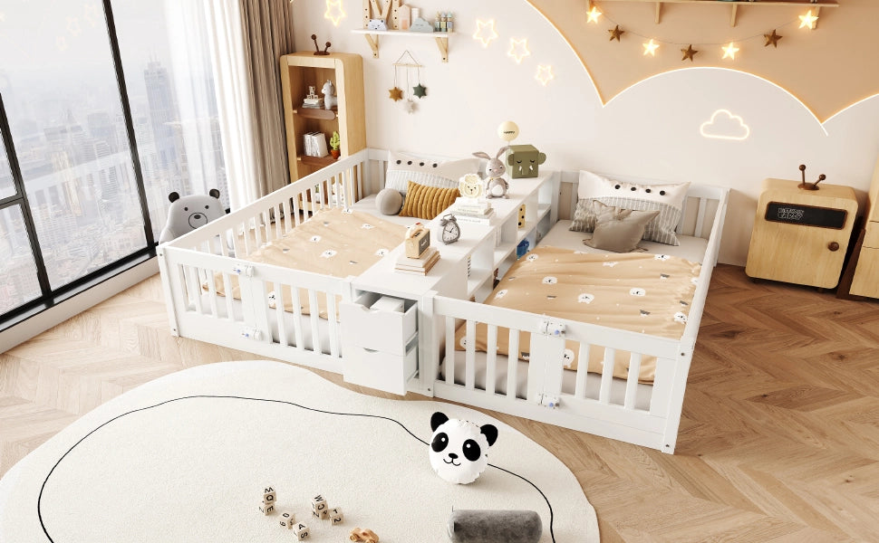 Letto per bambini 90 × 200 cm con scaffale centrale e 2 cassetti, barriere alte, senza materasso, bianco