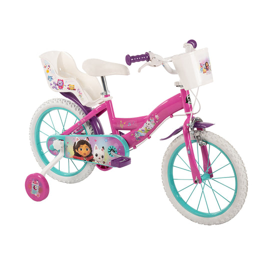 Bicicletta Bambina 16 Pollici con Rotelle Cestino e Portabambola Gabby's Dollhouse Rosa e Viola