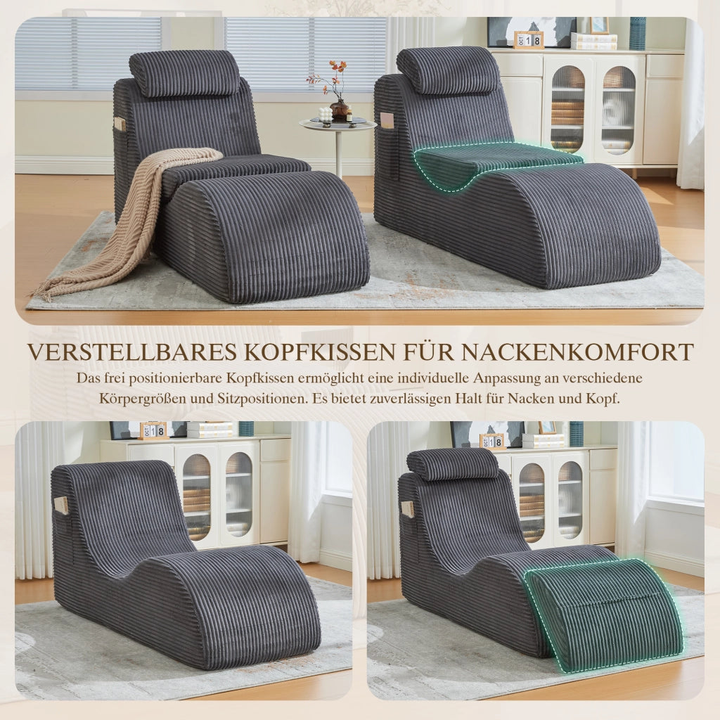 Poltrona relax ergonomica con tasca laterale e cuscino rimovibile design compatto in velluto a coste grigio scuro