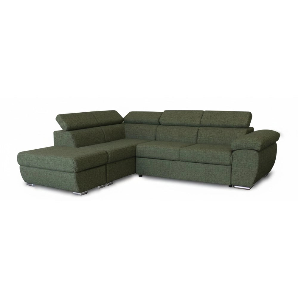 Divano Letto Angolare Fiona con Penisola Sinistra e Pouf Contenitore – Verde Oliva