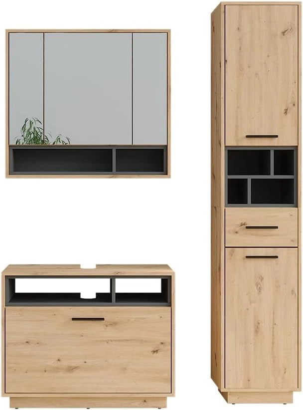 Set di mobili da bagno Beatrice, Grigio/antracite, 80 cm, composto da mobile sottolavabo, specchiera e colonna alta