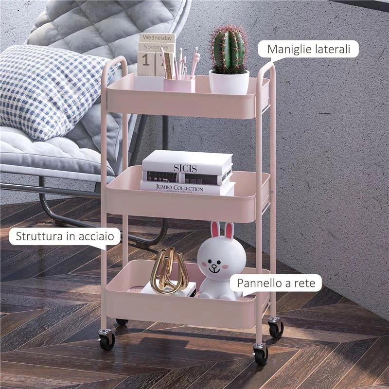 CARRELLO DA CUCINA A 3 LIVELLI CON MANIGLIE E 4 ROTELLE IN ACCIAIO 45X30.6X79 CM ROSA