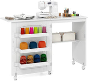 Tavolo da Cucito Pieghevole, Mobile per Macchina da Cucire con Ripiano Portaoggetti, 3 Scomparti Nascosti e Ruote Bloccabili, Mobile Multiuso per Piccoli Spazi (Bianco, 118,5 x 40 x 79,5 cm)