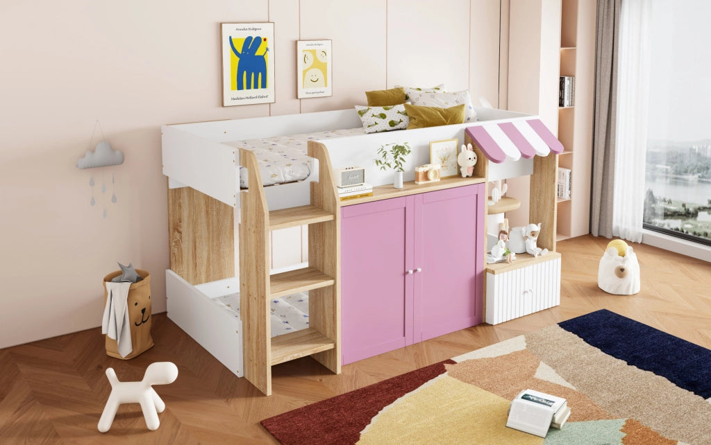 Letto a soppalco 90x200 cm con scala e vano contenitore in legno bianco e rosa