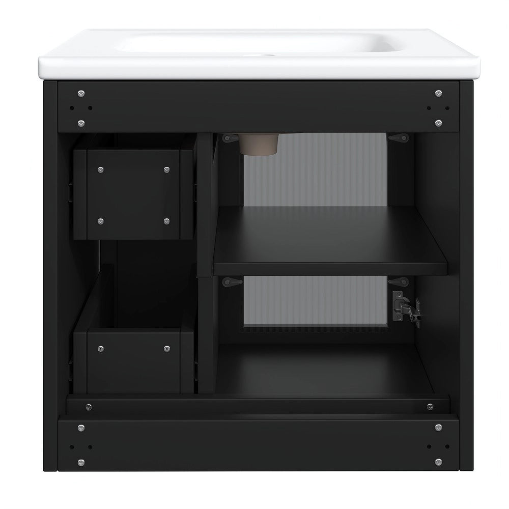 Mobile Bagno Sospeso con Lavabo in Ceramica, LED e Anta in Vetro ¨C Xylo ¨C Nero/Bianco