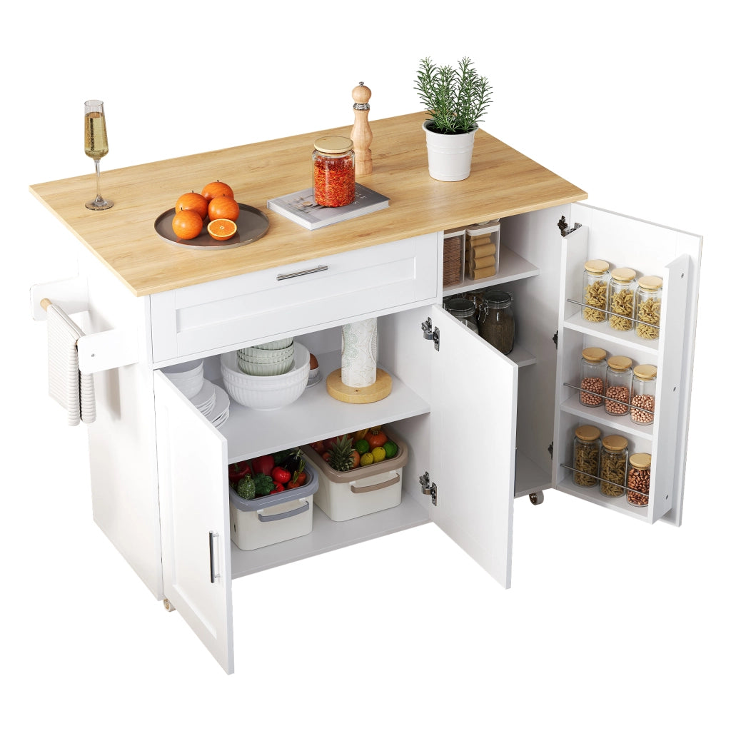 Isola da Cucina Mobile 132;5x44/70x90 cm con Piano Ribaltabile; Mobile Contenitore; Portaspezie; Portasciugamani e 5 Ruote