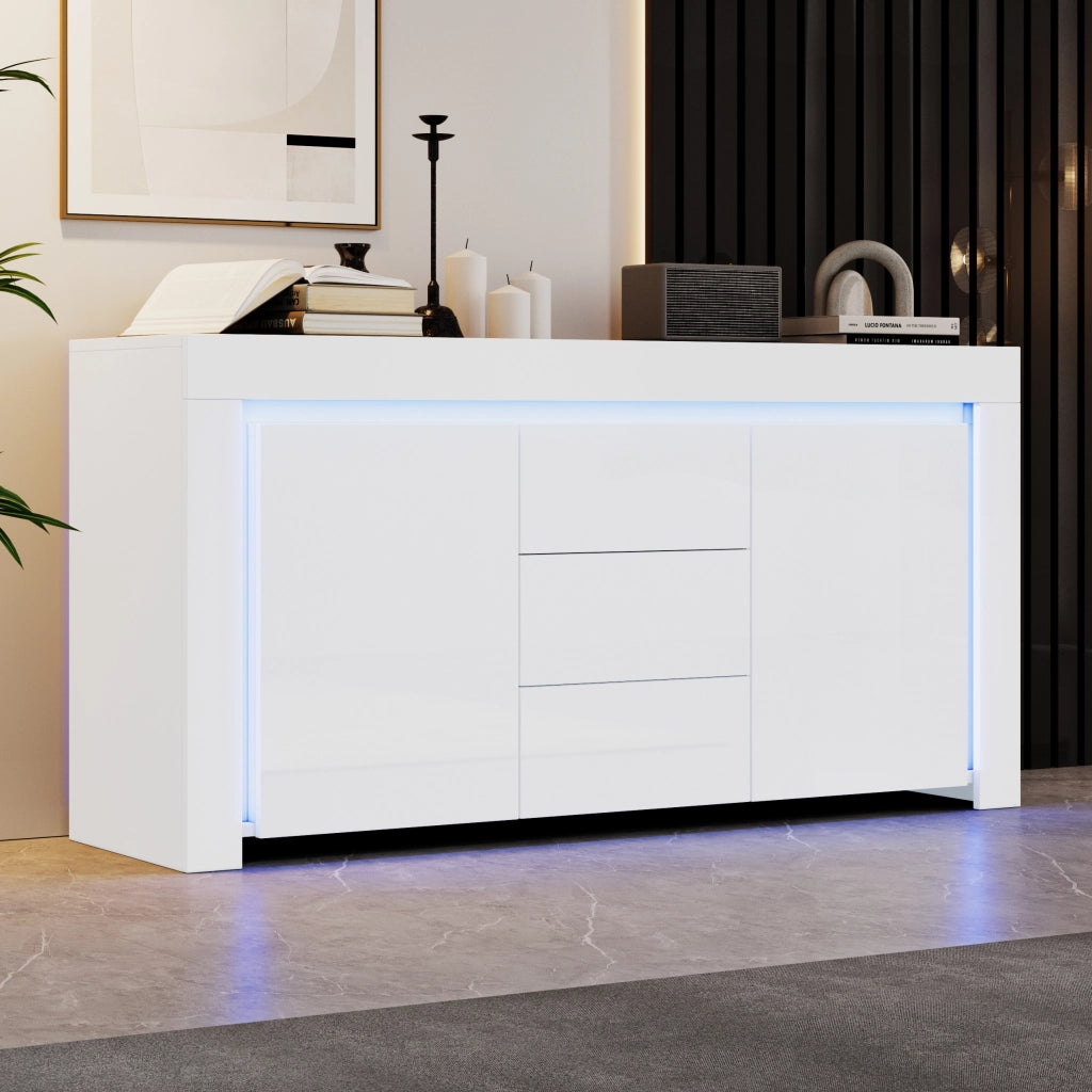 Credenza con 2 ante e 3 cassetti; LED; per soggiorno; in MDF; 140×40×65 cm; bianco