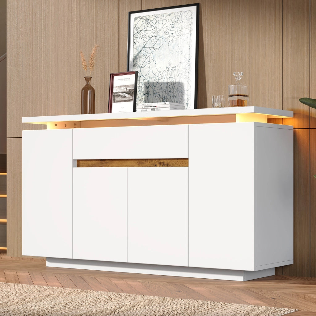 Credenza con illuminazione LED; 1 cassetto e 4 ante; 140x40x80 cm; bianca