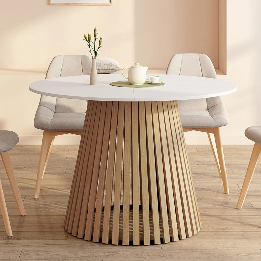 IDMarket - CARMEN Tavolo da pranzo rotondo per 6 persone con gambe a doghe in legno e piano in legno bianco 110 cm