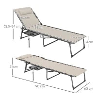 Sdraio Pieghevole e Reclinabile a 5 Livelli con Tavolino Laterale e Tasca, 60x190x31 cm, Crema