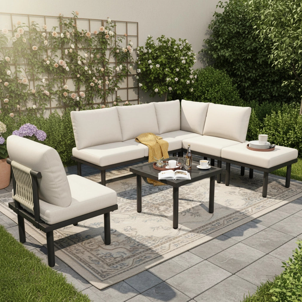 Set Divano da Giardino 6 Pezzi con Cuscini ¨C Xylo ¨C Beige, Corda, Tavolino in Vetro