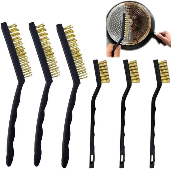 Set di spazzole in metallo, 6 pezzi, spazzola a filo con manico per sporco e ruggine, 2 modelli.