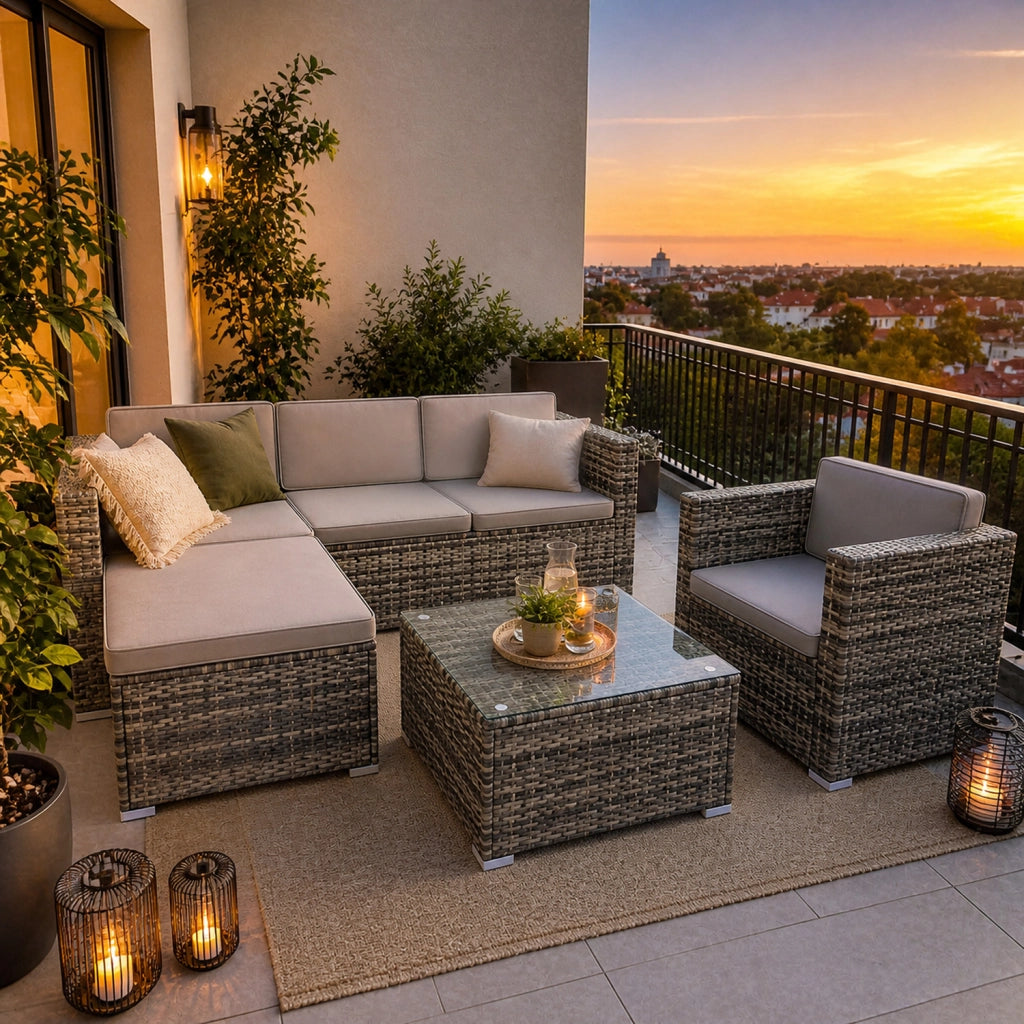 Set Da Giardino Modulare In Polyrattan Salotto Da Esterno Con Cuscini Imbottiti E Tavolino Basso Composizione Personalizzabile Per 4/5 Persone Ideale Per Terrazza Veranda Patio Balcone E Outdoor Grigio