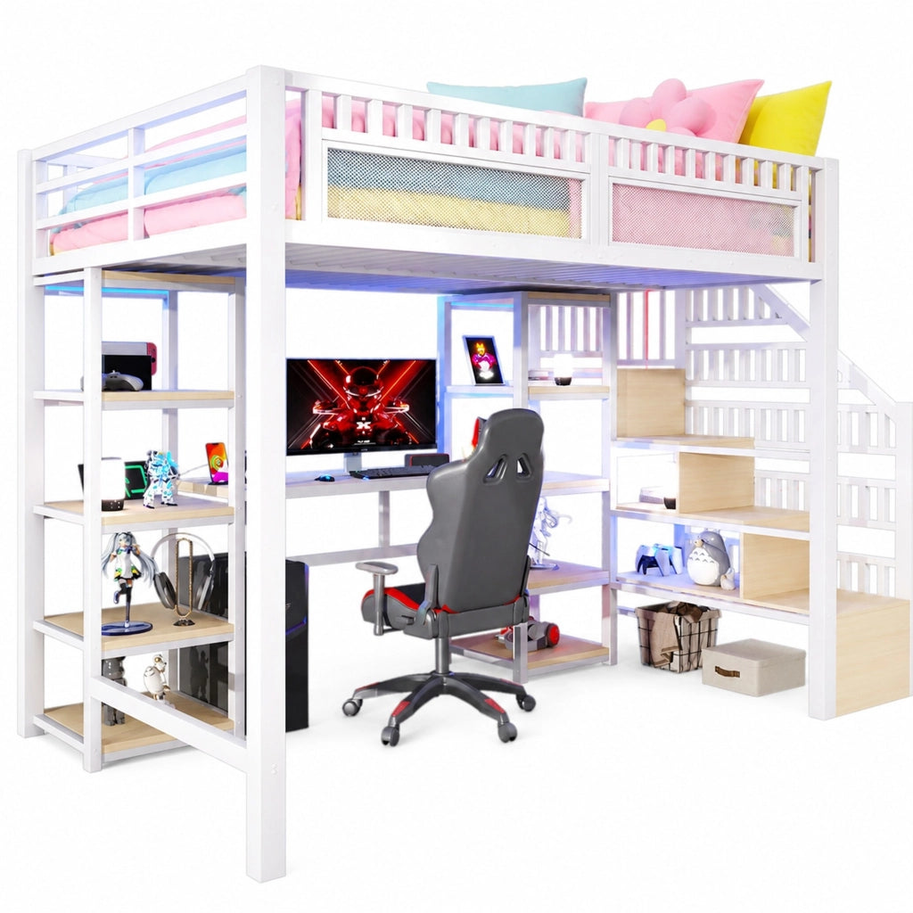 Letto a soppalco 140x200 cm con scrivania; LED e scala con contenitore