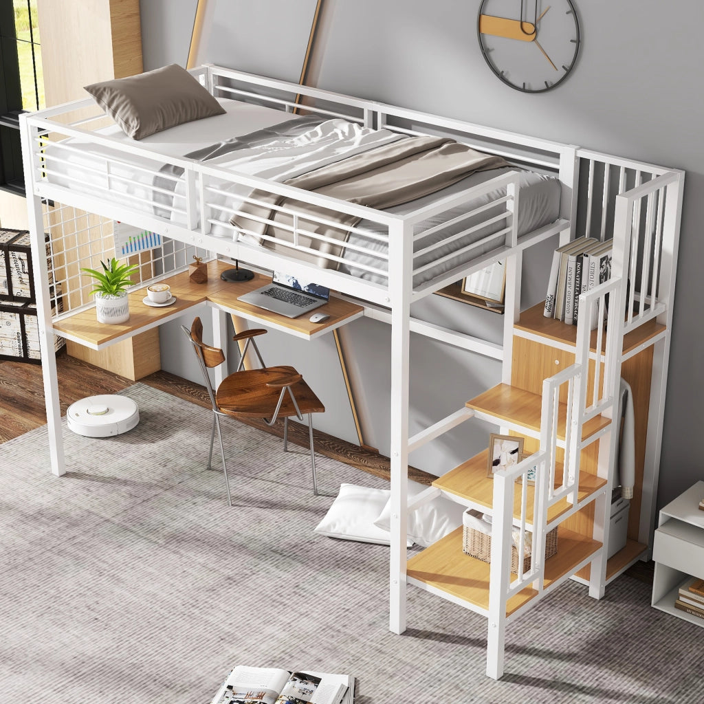 Letto a castello funzione scrivania e armadio in metallo e MDF bianco naturale 90x200 cm