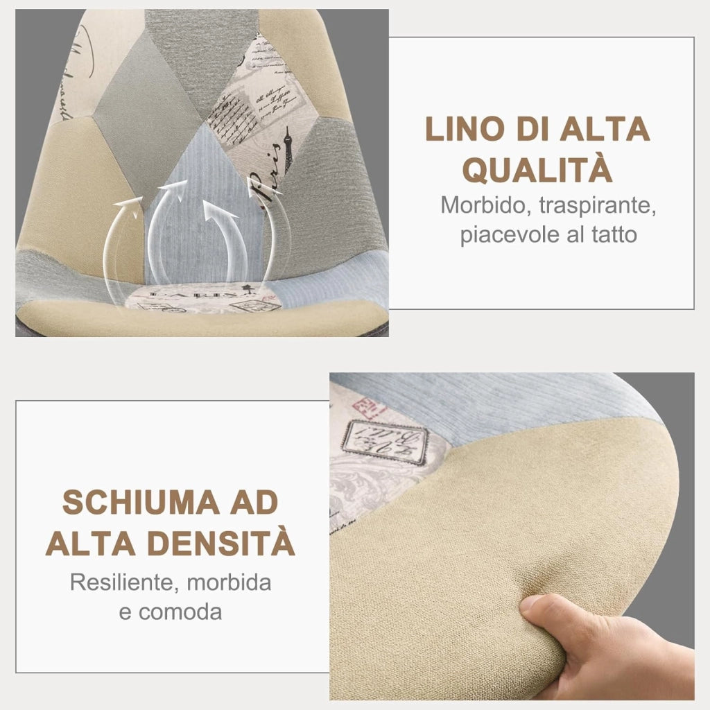 Set di 2 sedie da pranzo Sedia da Scrivania con Schienale Rivestito in Tessuto di Lino Patchwork Gambe Legno Moderno BH29pw-2