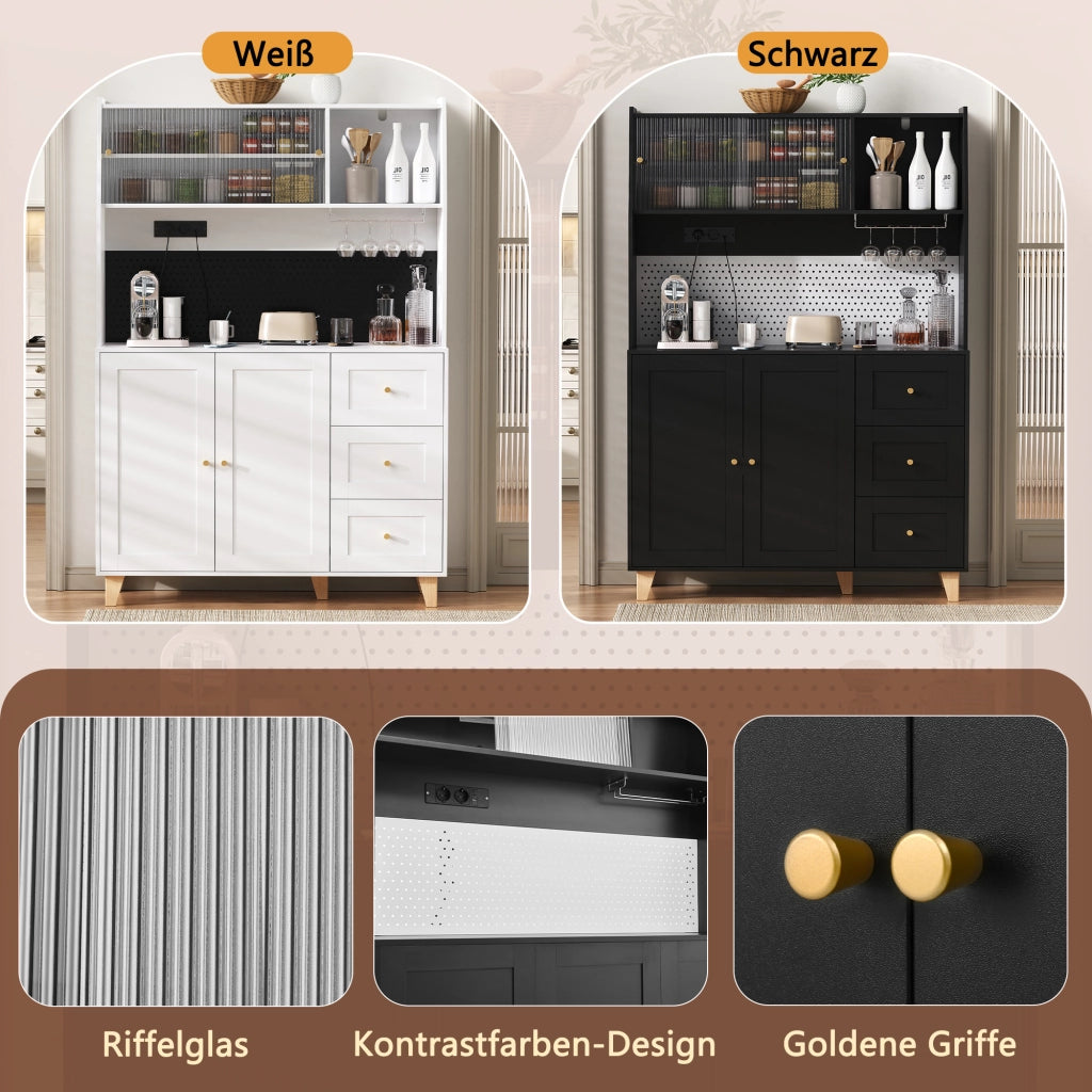 Mobile bar con 3 cassetti ripiani regolabili portabicchieri pannello forato e prese in MDF nero 120 × 40 × 184 cm