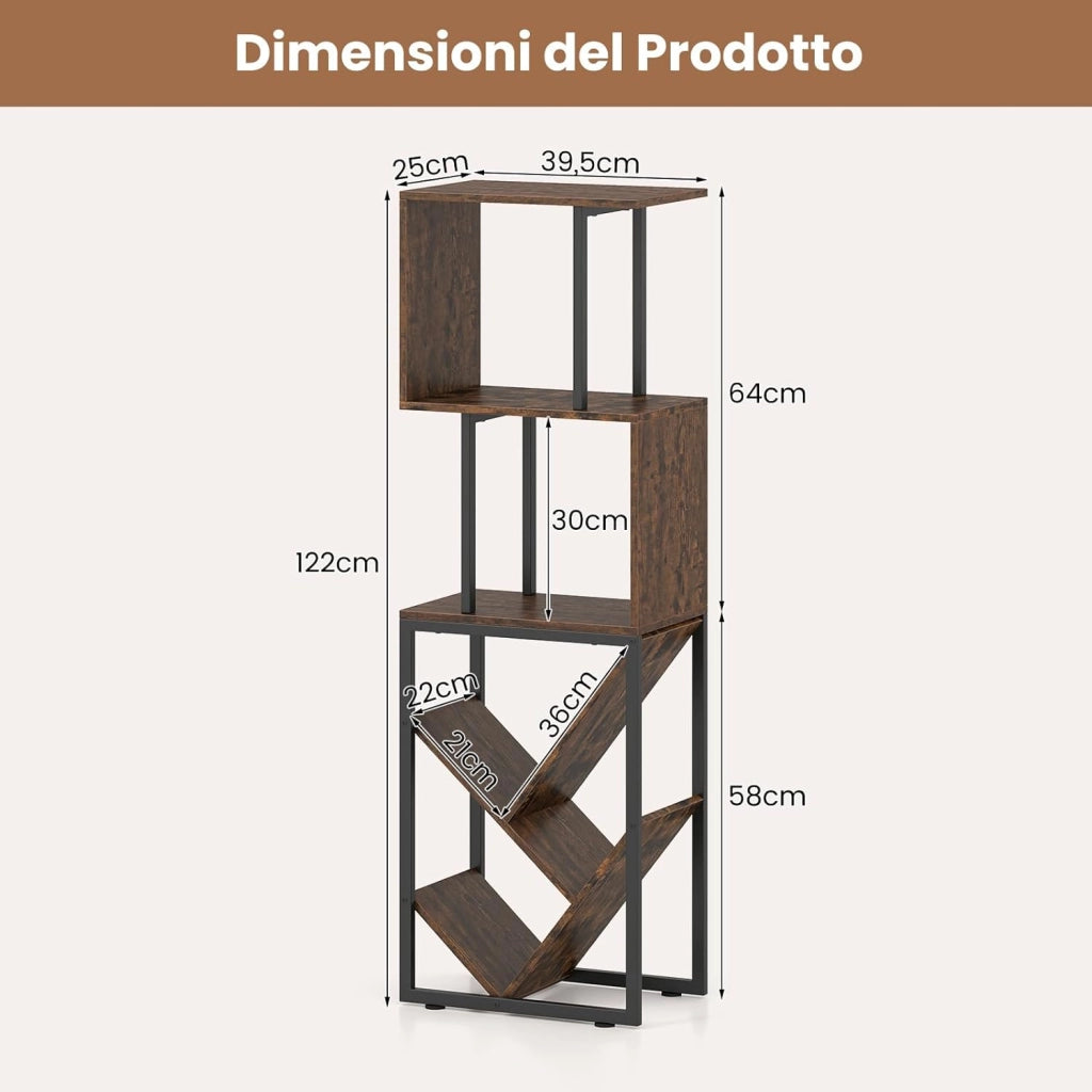 Libreria Scaffale, Librerie Verticali da Terra a 6 Ripiani Aperti, Scaffale Alto Industriale a S e Albero, 39,5 x 25 x 122 cm, per Soggiorno, Ufficio e Camera da Letto